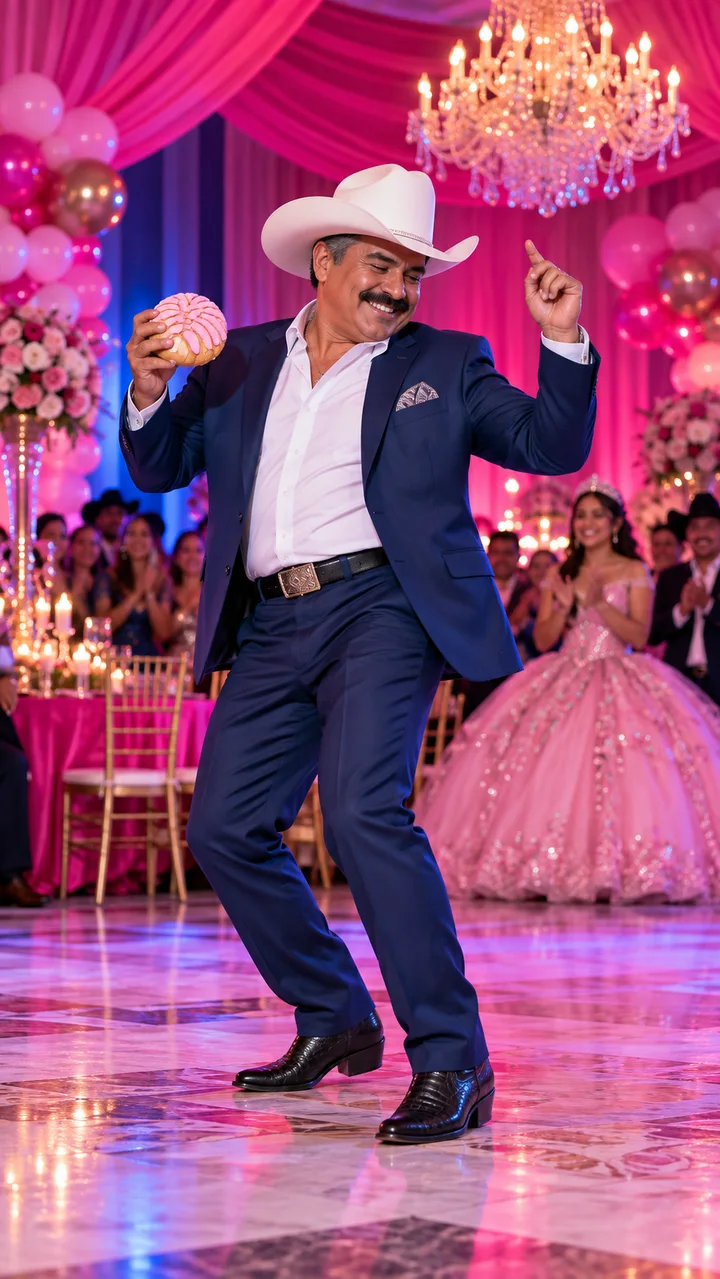 AI concept of a dad in a cowboy hat dancing at a pink Quinceañera party
